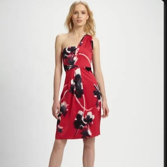 NWT Elie Tahari Farla Silk hot pink / chilli red 1 shoulder floral  dress size 4 - Picture 15 of 15